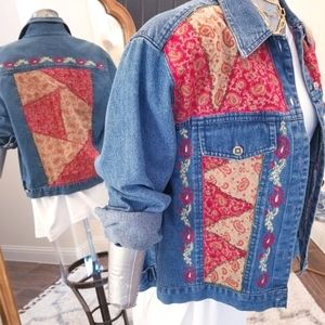 NWOT TANTRUMS Red Gold Patchwork Denim Jacket w/ Silver Vintage-look Buttons MED